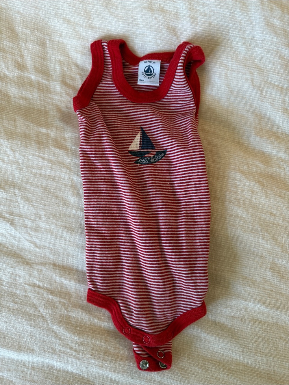 Petit Bateau Red and White Striped Boat Bodysuit 3M